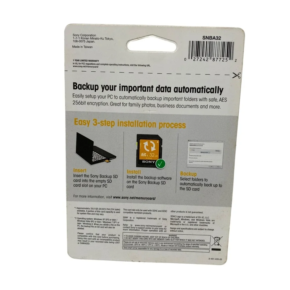 Sony 32GB SDHC Class 4 Memory Card Automatic PC Backup SN-BA32 NEW
